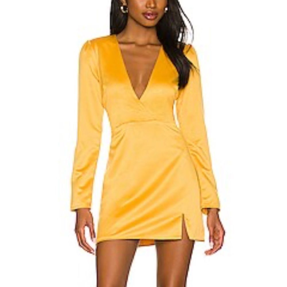 NWT More To Come Jewel Deep V Dress Marigold yellow mini Revolve XS